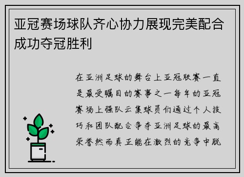 亚冠赛场球队齐心协力展现完美配合成功夺冠胜利