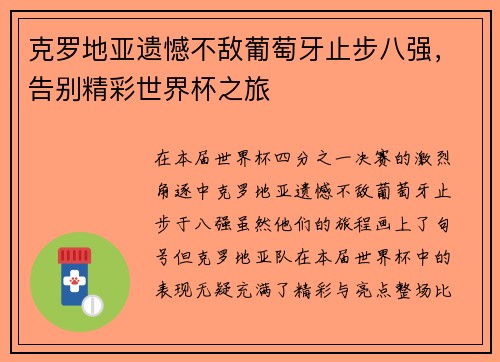 克罗地亚遗憾不敌葡萄牙止步八强，告别精彩世界杯之旅